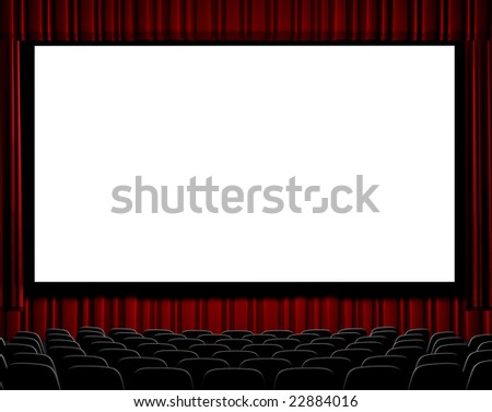 Movies Showing  on Movie Theater Showing Blank Screen From Straight On Shot    Stock
