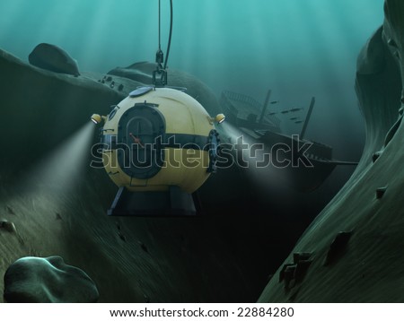 Diving bell descending into an underwater abyss