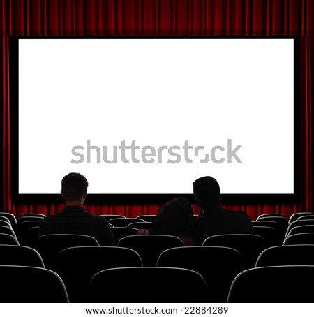 A movie theater showing blank screen from straight on shot.