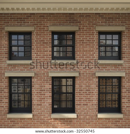 Six windows on the side of a building with clipping path for the panes to insert custom images