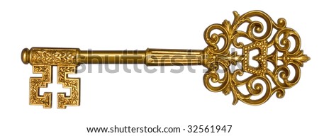 Ornate, gold master key on white with clipping path