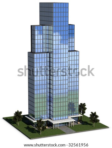 modern hi-rise corporate office building with glass exterior over a white background