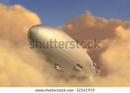 Retro zeppelin modeled after the Hindenburg emerging from a cloud bank in the late afternoon