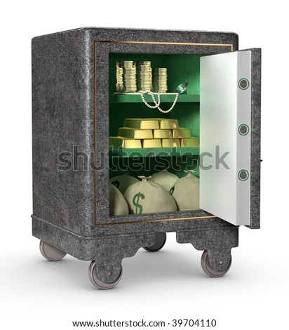 A personal safe with door opened, showing gold, pears, diamonds, bags of cash and coins isolated on a white background