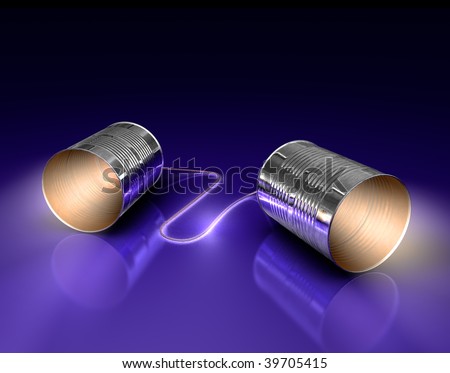 tin cans connected by string on dark reflective background, & copy space room on the top 3rd.