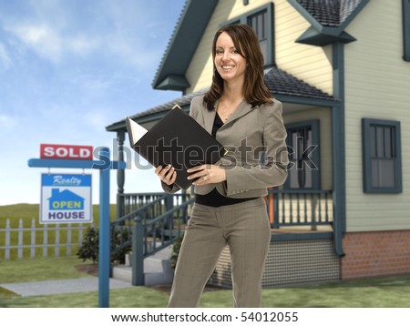 Professional female real estate agent standing in front of a home with a \