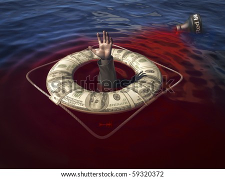 A life saver with the arm of a business man from under the water. Concept image to illustrate a bailout.