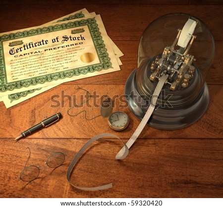 Vintage stock brokerage desk with ticker tape machine, simulated shares of stock, candlestick telephone, fountain pen, pocket watch and library desk lamp