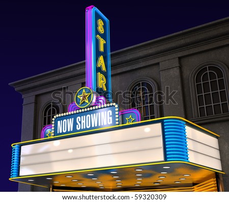 Exterior night shot of a retro illuminated neon movie theatre
