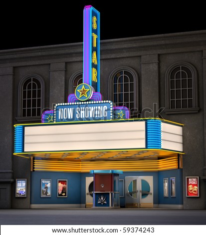 Movie Theater Times on Night Shot Of A Retro Illuminated Neon Movie Theater   Stock Photo