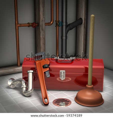 Plumbers toolbox, plunger, pipe wrench and sink trap on a tiled floor with exposed pipes in the background