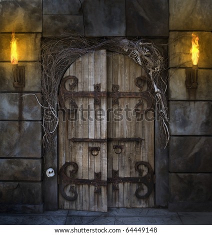 Spooky dungeon door flanked with two flaming torches and decorated with twigs and skeleton bones