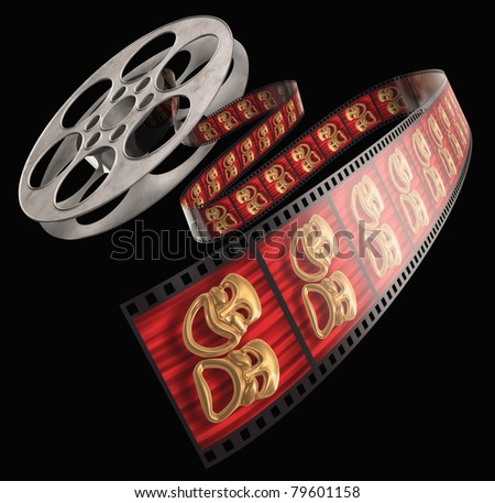Movie film reel isolated on a white background with comedy/tragedy masks on the celluloid