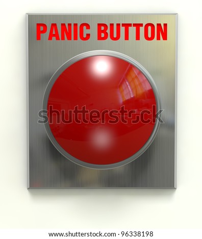 Red panic button mounted on a brushed stainless plate with clipping path