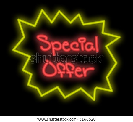 A colorful neon signboard show the word Special Offer