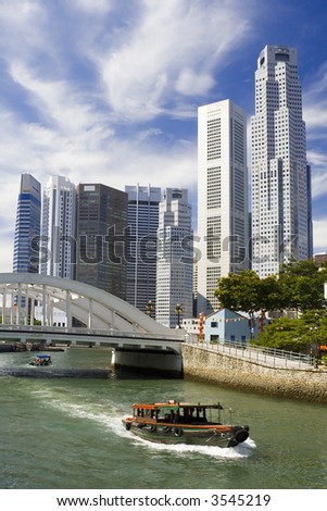 View of Singapore financial district with Singapore River in the foreground
