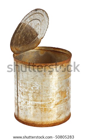 Rusty tin can with top opened isolated on white background