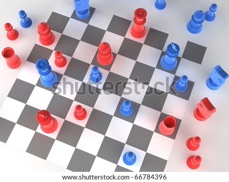 A played out set of chess with blue and red pieces