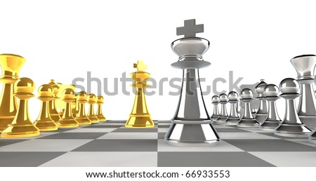 A set of chess pieces in gold and silver with focus on the king pieces