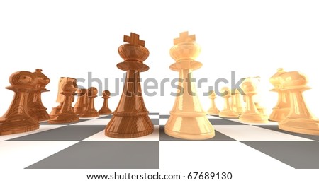 A set of wooden chess pieces with focus on the king pieces facing off