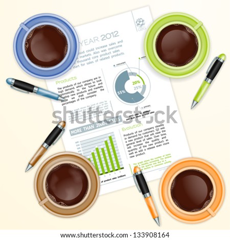 Teamwork Concept with Company Report Coffee Cups and Pens vector illustration Teamwork Concept with Company Report Coffee Cups and Pens vector illustration