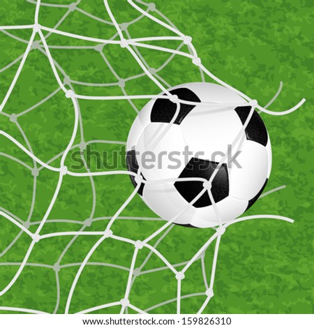 Soccer Concept Goal Soccer Ball in Net Torn on textured grass background vector illustration Soccer Concept Goal Soccer Ball in Net Torn on textured grass background vector illustration