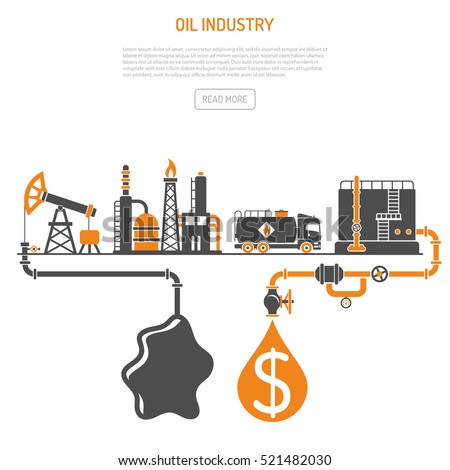 Oil industry Concept with Two Color Flat Icons extraction production refinery and transportation oil and petrol. isolated vector illustration