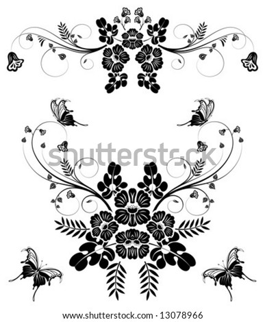 Collect flower border with butterfly, element for design, vector illustration