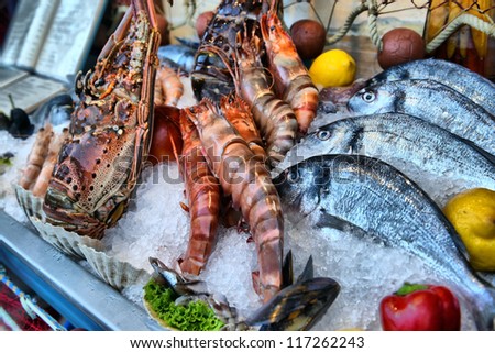 showcase of seafood in the sea market