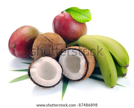 coconut banana and mango with leaves