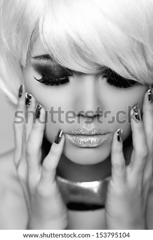 Fashion Blond Girl. Beauty Portrait Woman. White Short Hair. Manicured nails. Black and White Photo.  Fringe. Vogue Style.