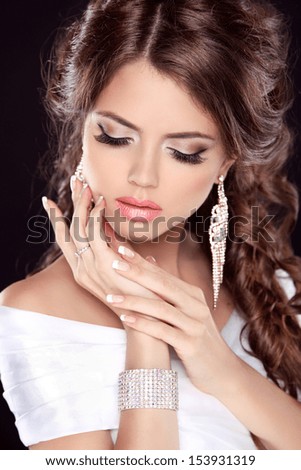Beautiful Bride Woman Portrait In White Dress. Fashion Beauty Girl. Make Up. Jewelry. Manicured Nails.