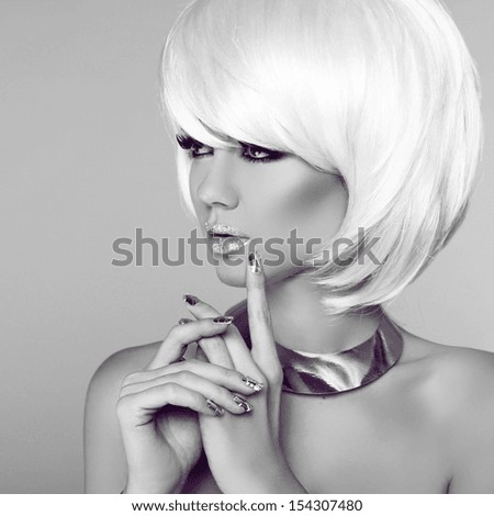 Fashion Blond Girl. Beauty Portrait Woman. White Short Hair. Manicured nails. Black and White Photo.  Fringe. Vogue Style.