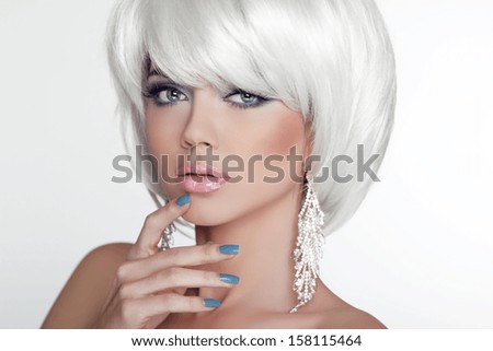 Girl Portrait with White Short Hair. Jewelry. Haircut and Makeup ...