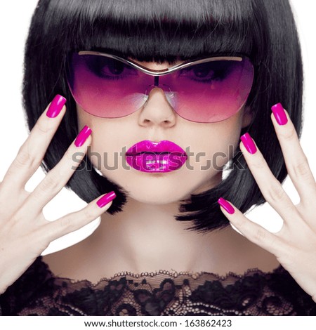 Colorful Make Up. Closeup Portrait. Purple Sexy Lips. Manicured Polish Nails. Luxury Brunette Woman Wearing In Fashion Sunglasses. Black Short Hair Style.