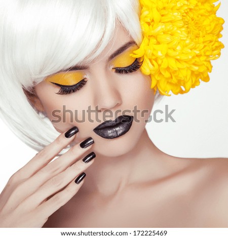 Fashion Blond Model Girl Portrait With Trendy Short Hair Style, Black Make Up And Manicure. Black Nails Polish And Lipstick. Woman Makeup. Haircut.