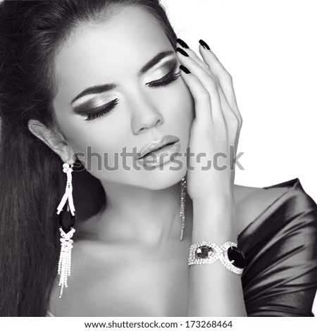Beauty Fashion Woman Portrait. Jewelry accessories. Black and white studio photo