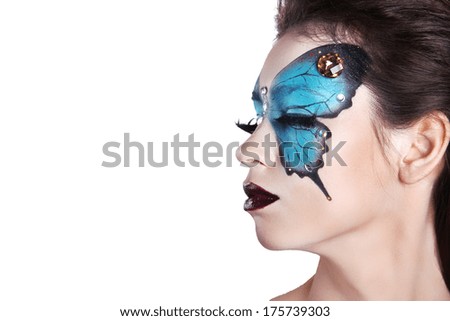 Color face art portrait. Fashion Make up. Butterfly makeup on face beautiful woman. Isolated on white background.