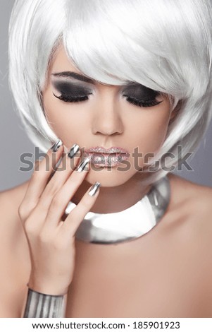 Fashion Blond Female. Beauty Portrait Woman. White Short Hair. Manicured nails. Black and White Photo. Fringe. Vogue Style