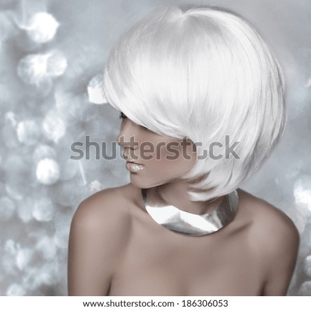 Beautiful Fashion blonde woman. White Short Hair. Hairstyle. Beauty girl Isolated on bokeh lights Background. Fringe. Vogue Style.