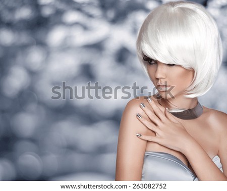 Fashion Blond Girl. Bob Hairstyle. White Short Hair. Beauty Portrait. Woman over Grey bokeh Background. Fringe. Vogue Style. Smoky Eye makeup.