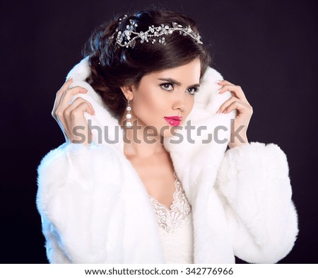 Beauty Fashion Model Girl in white Mink Fur Coat. Beautiful Luxury Winter Woman isolated on dark background.