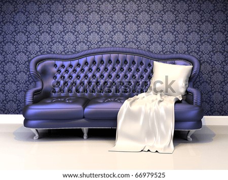 Luxurious leather sofa with covering  in interior with ornament wallpaper