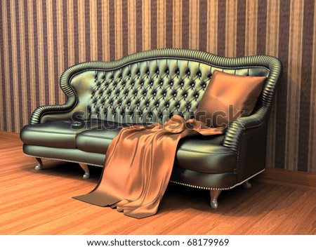 Sofa with pillow and coverlet in interior with  stripped wallpaper and wooden parquet