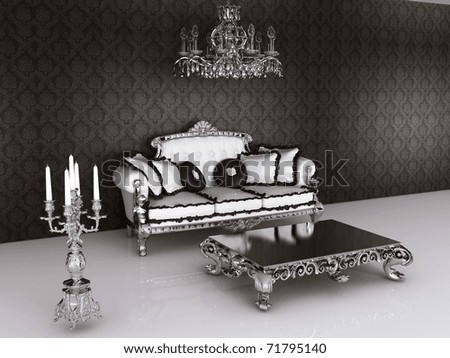 Royal furniture in Baroque interior. Sofa with pillows and table with  candelabrum