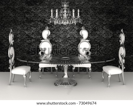Baroque furniture. Chairs with round table in dinner interior. restaurant. 3d render