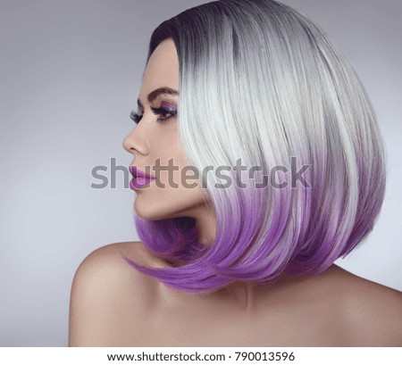 Ombre bob hair coloring woman. Beauty Portrait of blond model with short shiny hairstyle. Concept Coloring Hair.