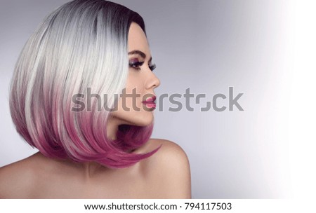 Ombre bob short hairstyle. Beautiful hair coloring woman. Trendy haircuts. Blond model with short shiny hairstyle. Concept Coloring Hair. Beauty Salon.