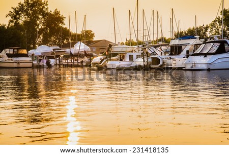 Golden glow on marina boats and water