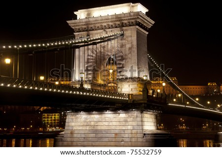 The Chainbridge with the castle in background by night in Budapest